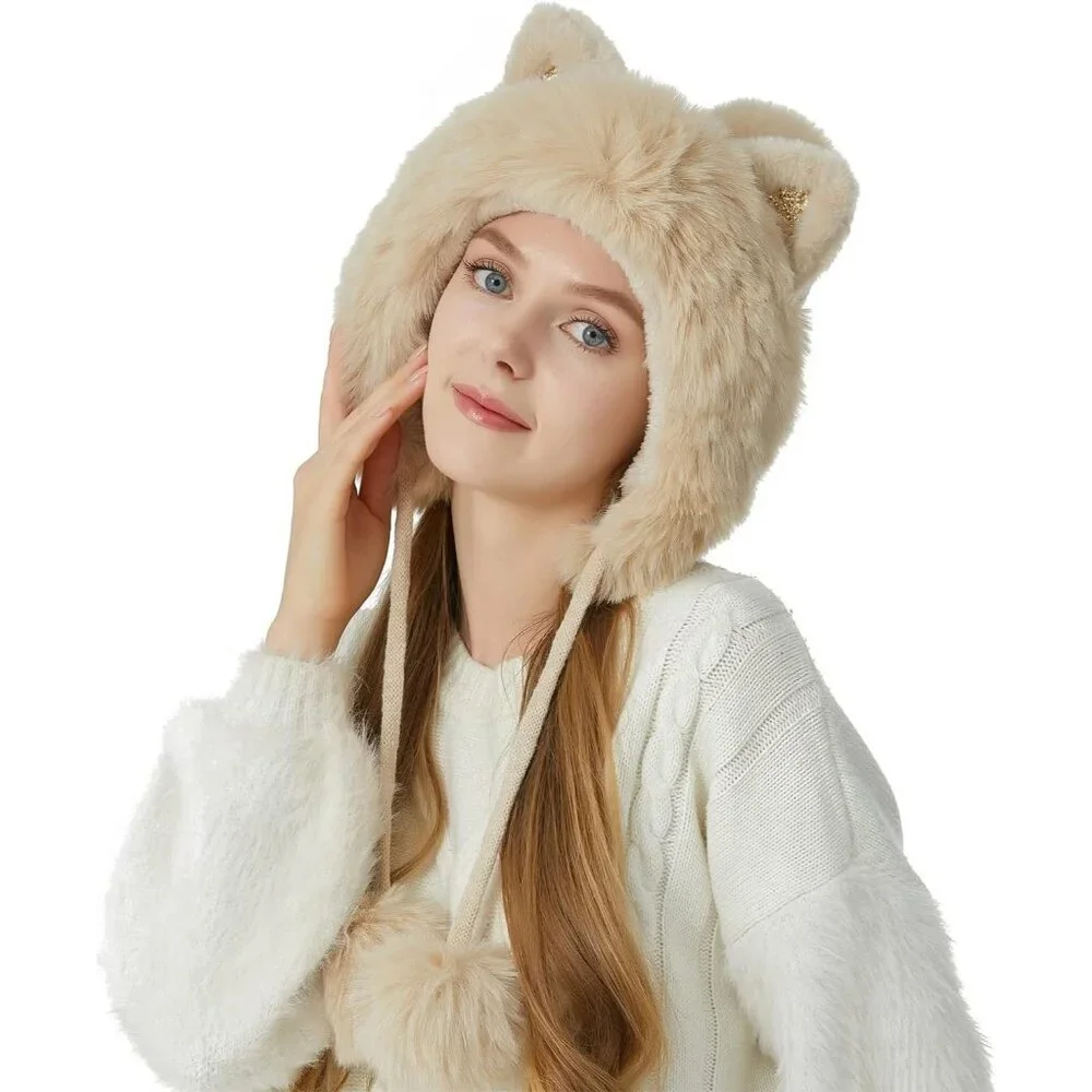 Women Beige Solid Winter Peruvian Cover Ears Beanie Hat Ear Flaps Sherp Ski Snow - Picture 7 of 7